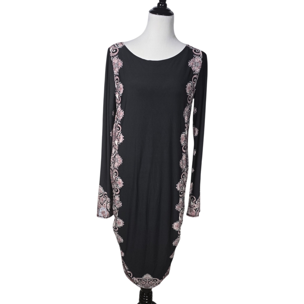 RACHEL Rachel Roy Large Black Long-Sleeve Dress White Burgundy Border High Slit